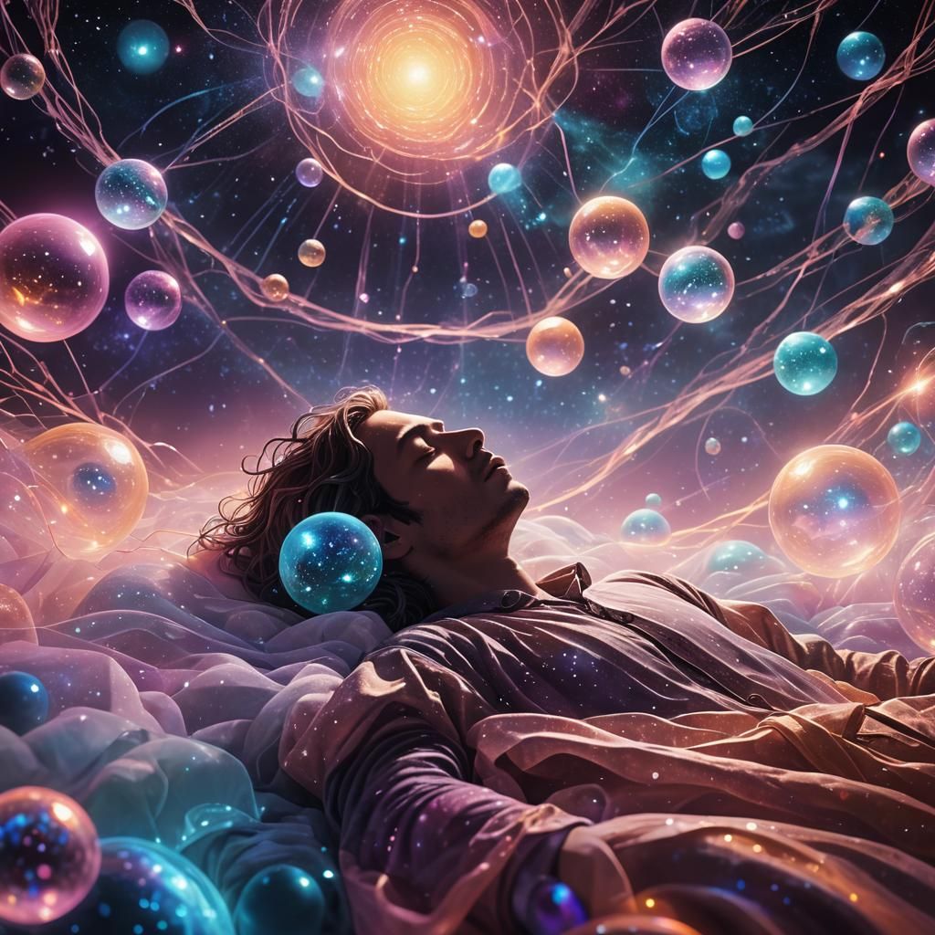 Dreamy Cosmic Figure in Dimly Lit Astral Realm