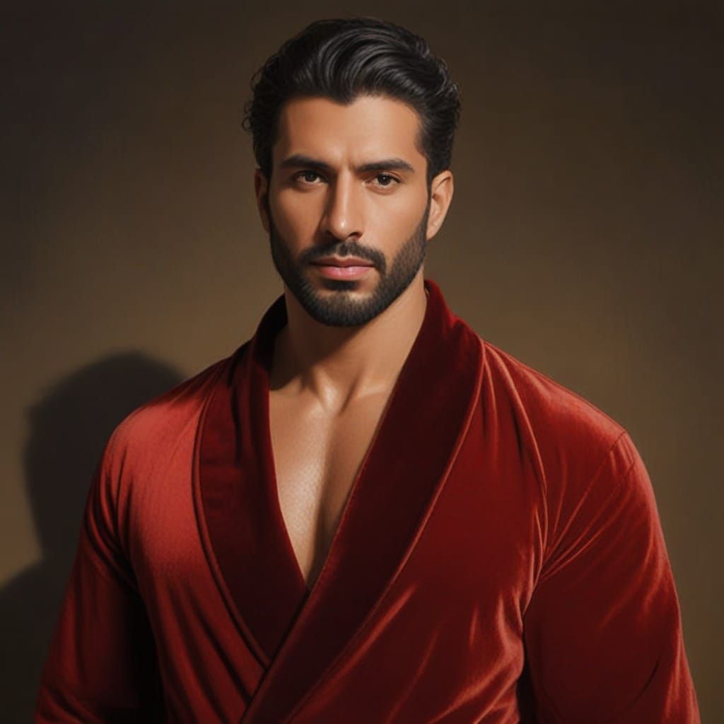 Serene Man in Red Bathrobe, Gouache Style