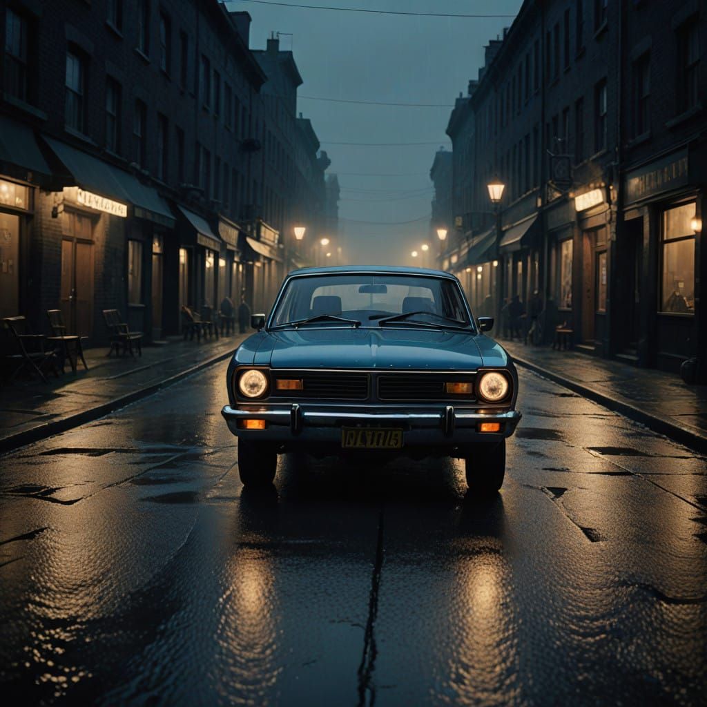 Elegant 1970s Metallic Blue Morris Marina Coupe at Night
