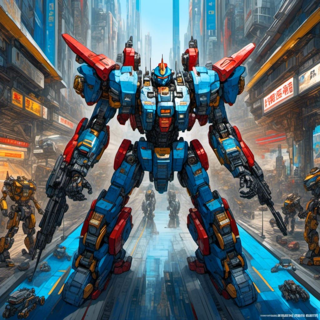 Retro Mecha Portrait in Futuristic Cityscape