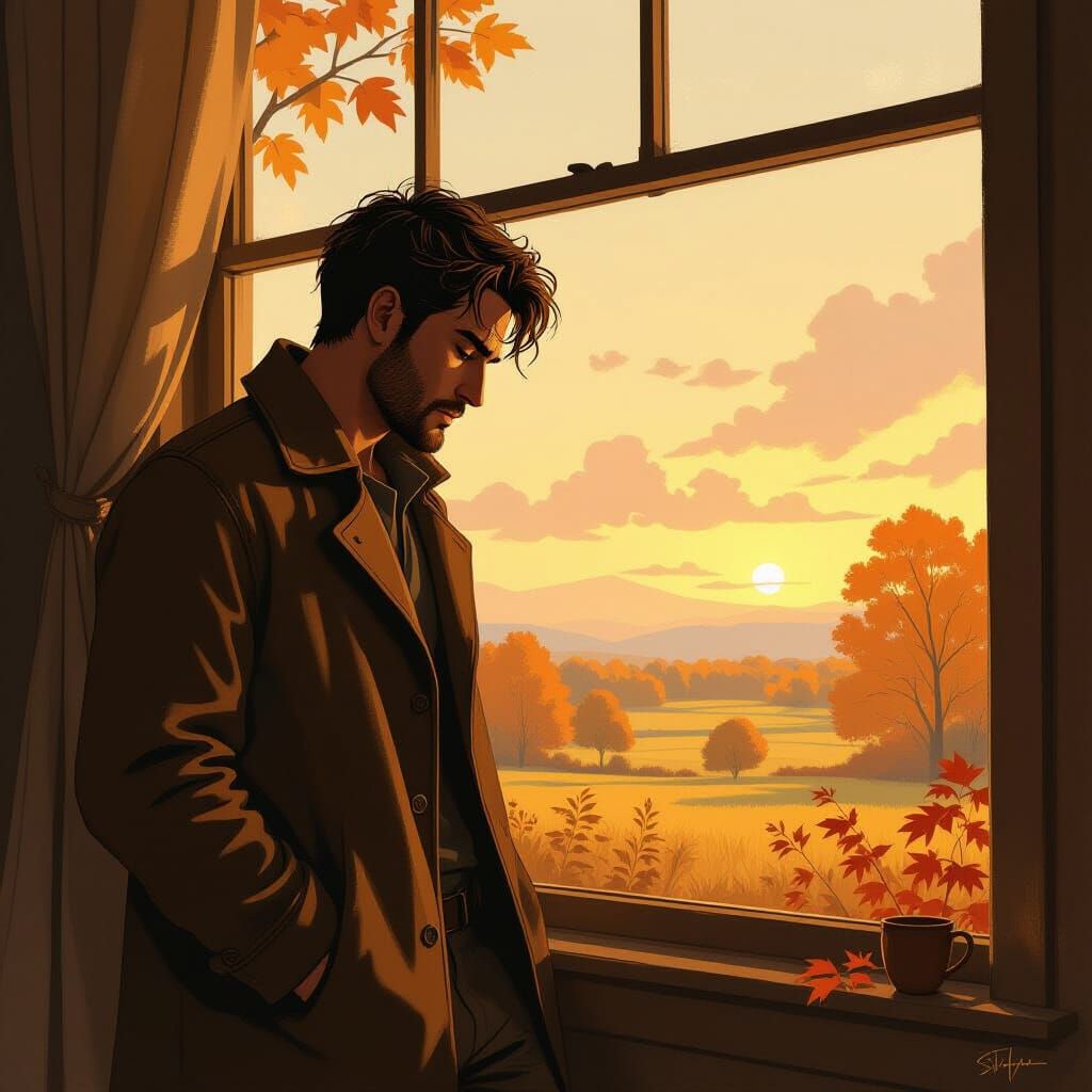 Melancholic Man in Autumnal Landscape, Golden Light