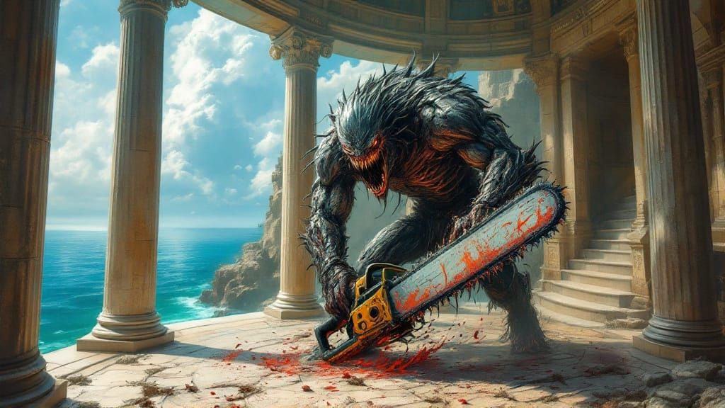 Monster with Chainsaw in Ancient Greek Setting