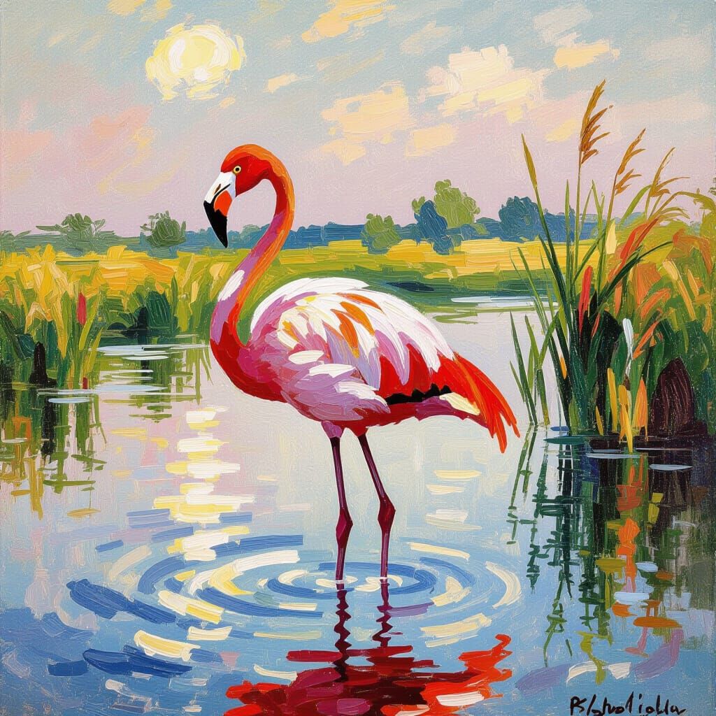 Majestic Flamingo in Sun-Drenched Impressionistic Marsh