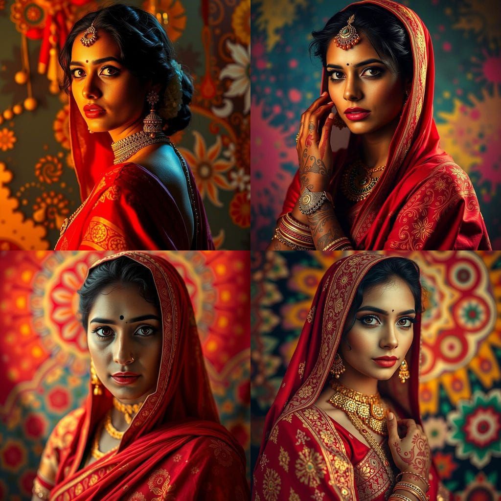 Traditional Indian Woman in Vibrant Sari and Gold Jewelry