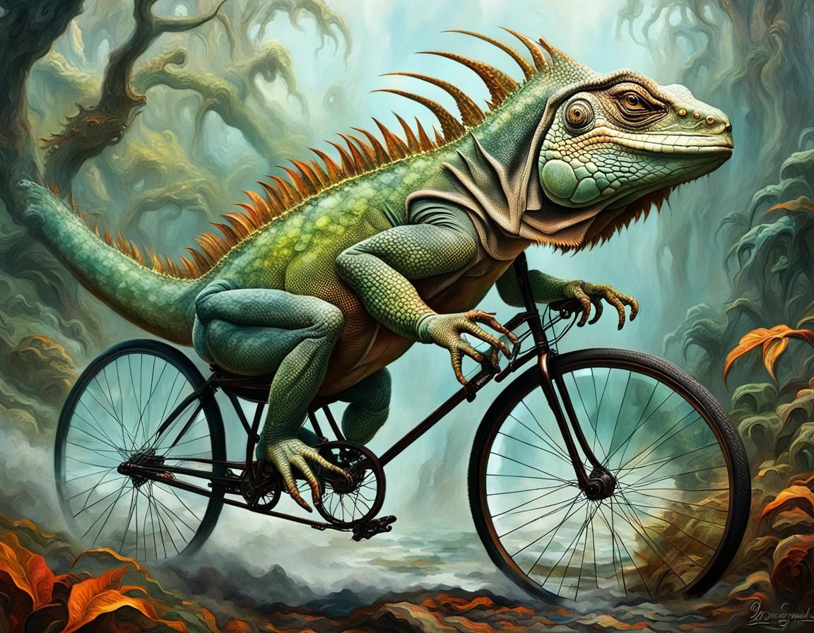 Surreal Iguana Bicycle Ride in Dark Fantasy Style