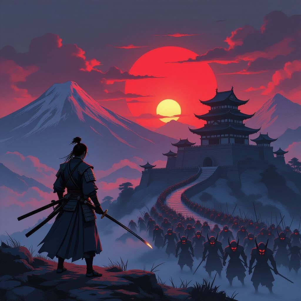 Samurai Warrior Confronts Demon Army at Sunset