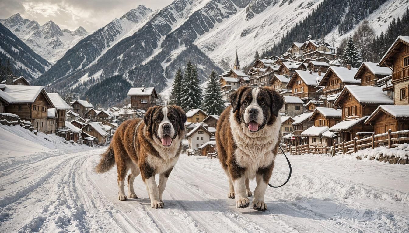Happy Saint Bernard Dog in Snowy Alps Village