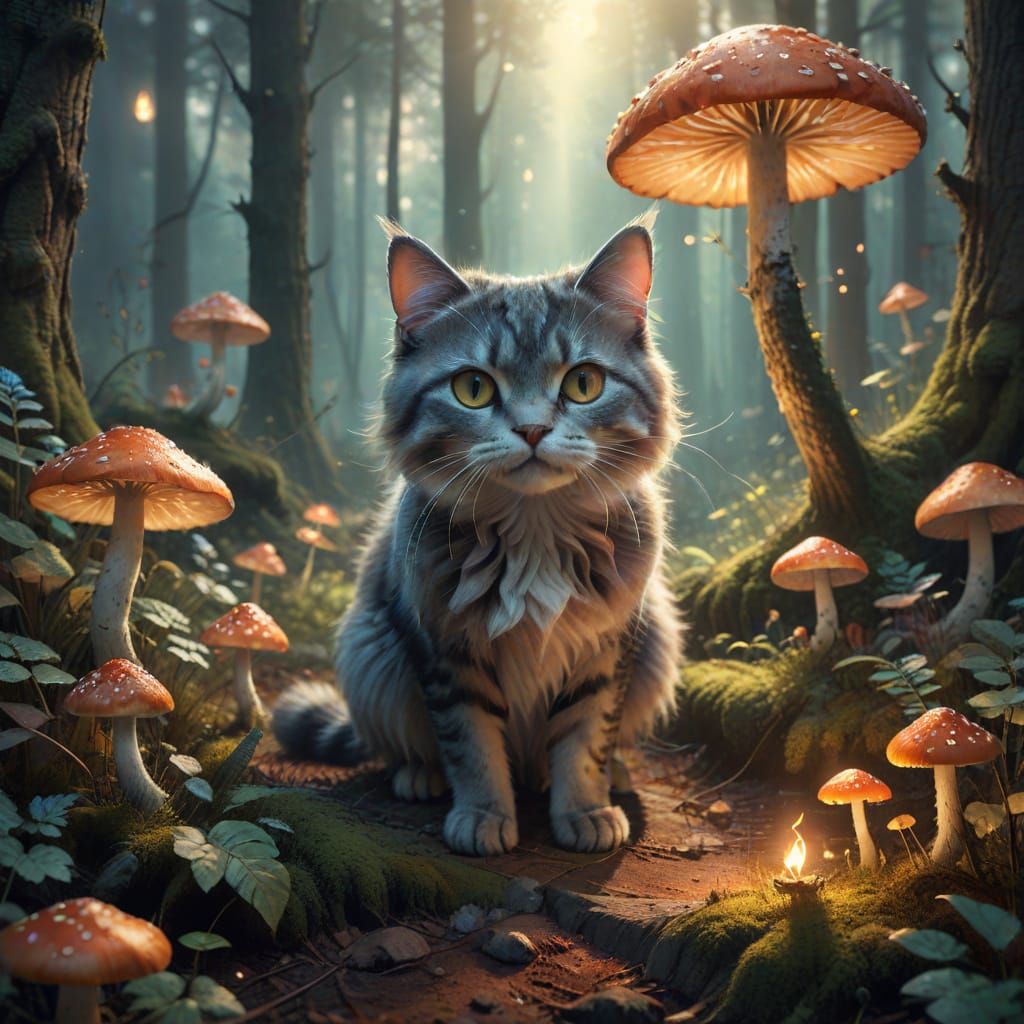 Cat's Forest Adventure in Vibrant Digital Painting