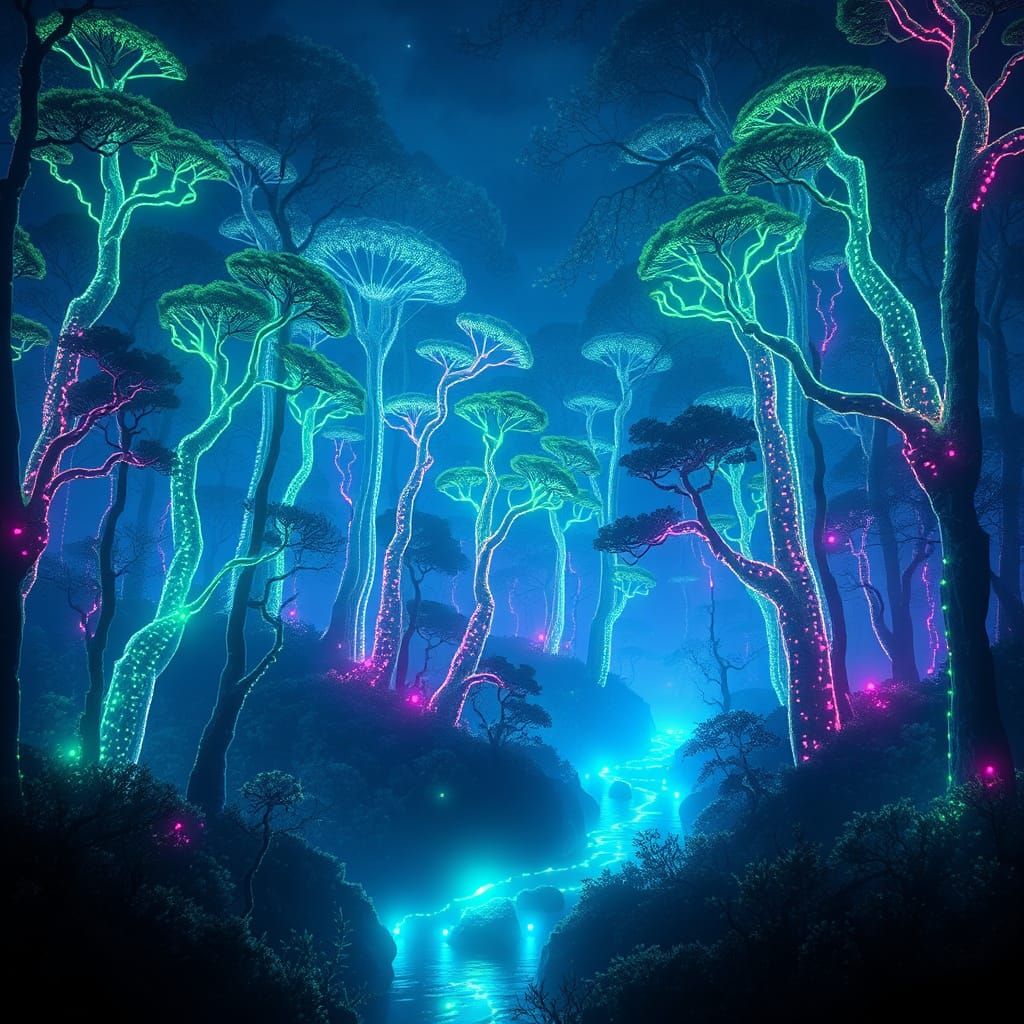 Ethereal Digital Forest at Midnight