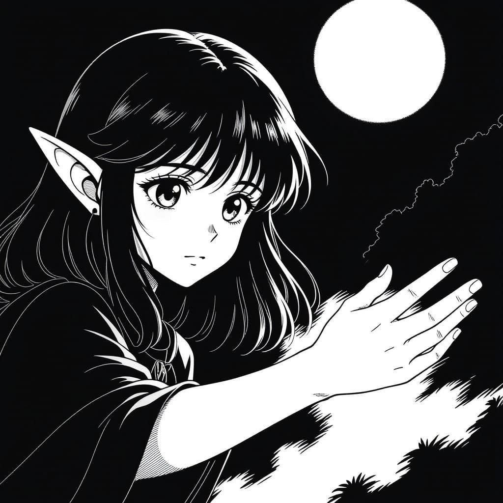 Elf Girl in Moonlight, Black and White Manga Style
