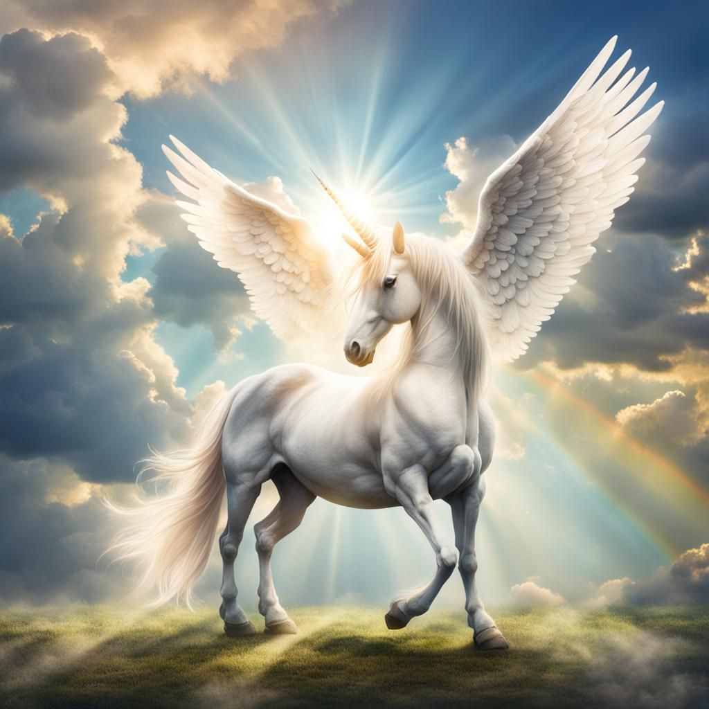 Winged Unicorn Praying in Heavenly Light