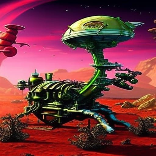 Steampunk Engine and Alien Plants with Red Water