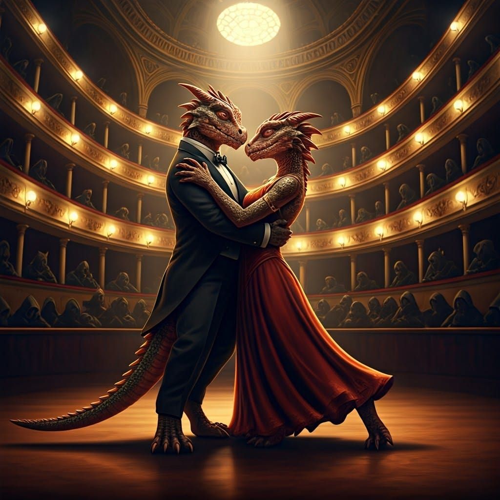 Kobolds Dance Tango in Ornate Auditorium, 3D Rendered