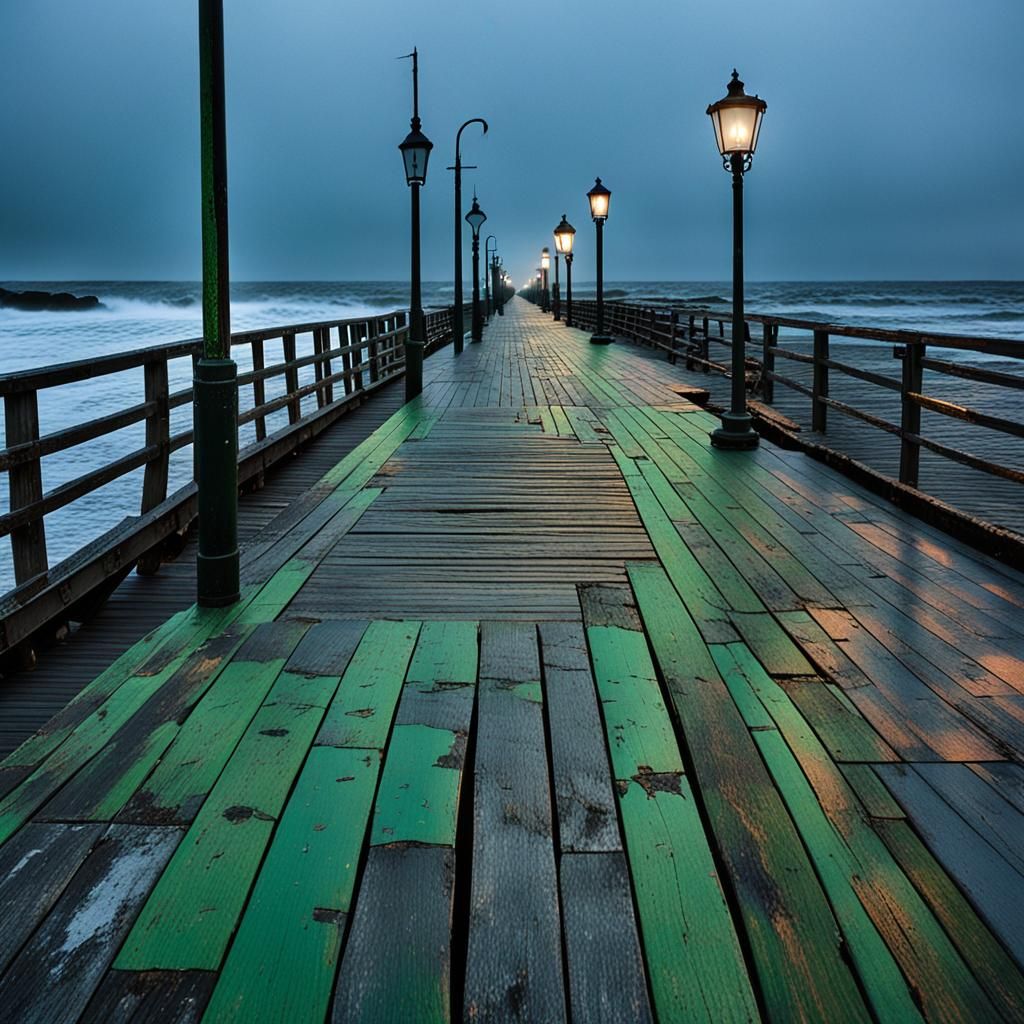 Eerie Seaside Boardwalk at Dusk