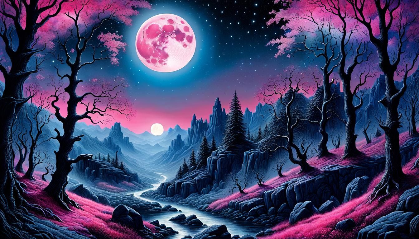 Watercolor Ash Trees Under a Glittering Moon