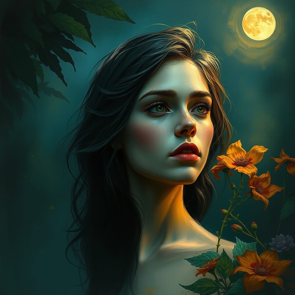 Dreamy Impressionist Portrait in a Moonlit Garden