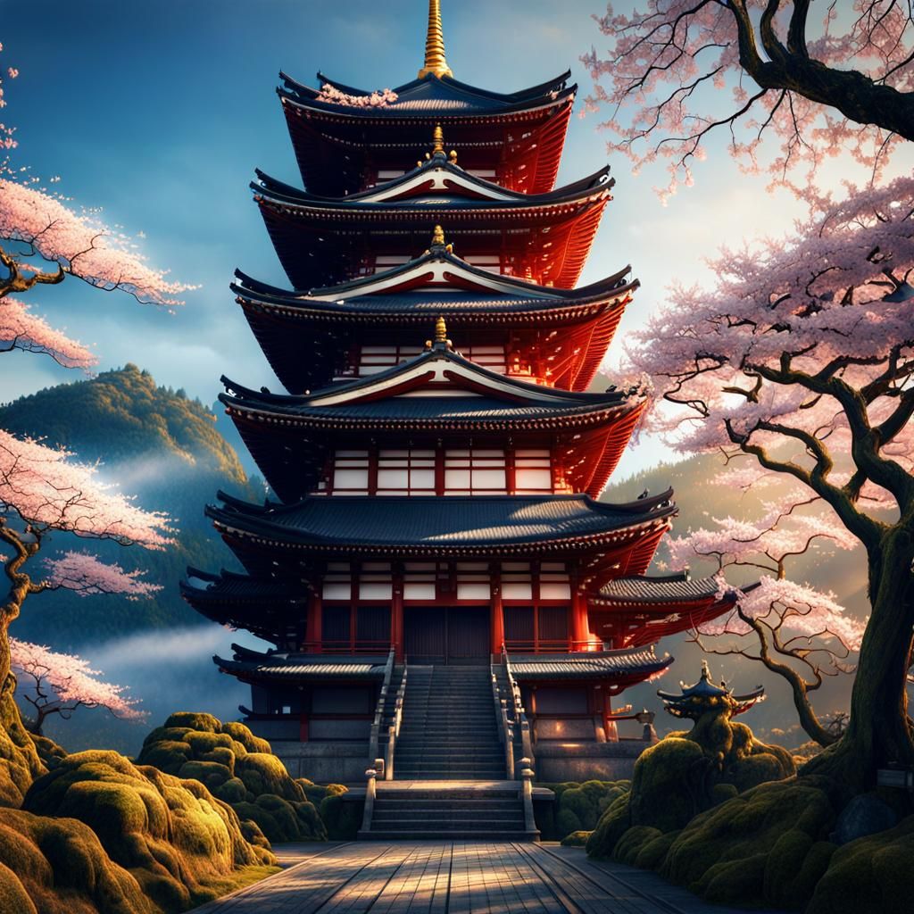 Sakura Forest Temple at Golden Hour