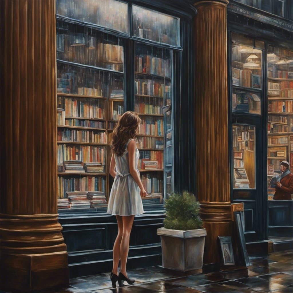 Girl in Rain Gazing into Bookshop Window