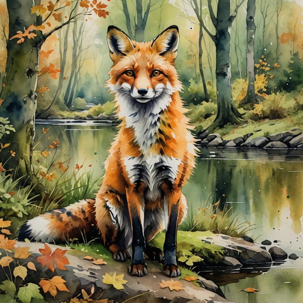 Fox by Riverside in Antique Watercolor Style