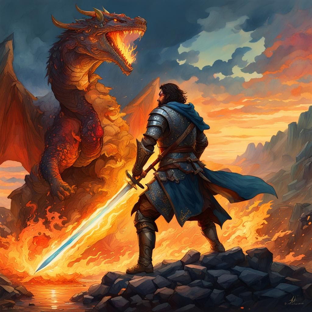 King Arthur and Lancelot Dragon Battle Watercolor