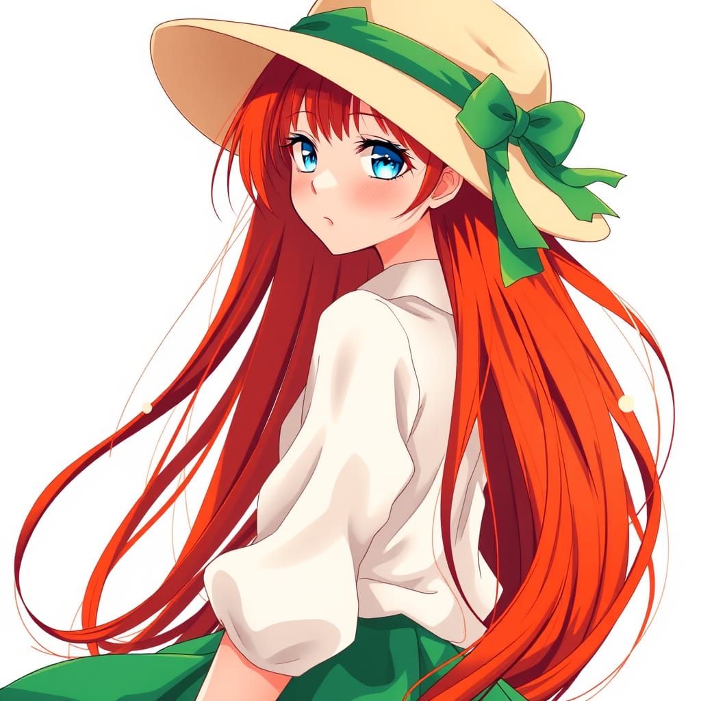 Slender Girl with Red Hair in Anime Style