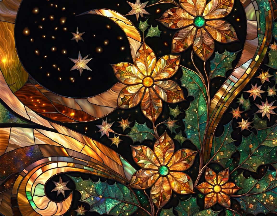 Tiffany Stained Glass Star Flowers in Amber Twilight