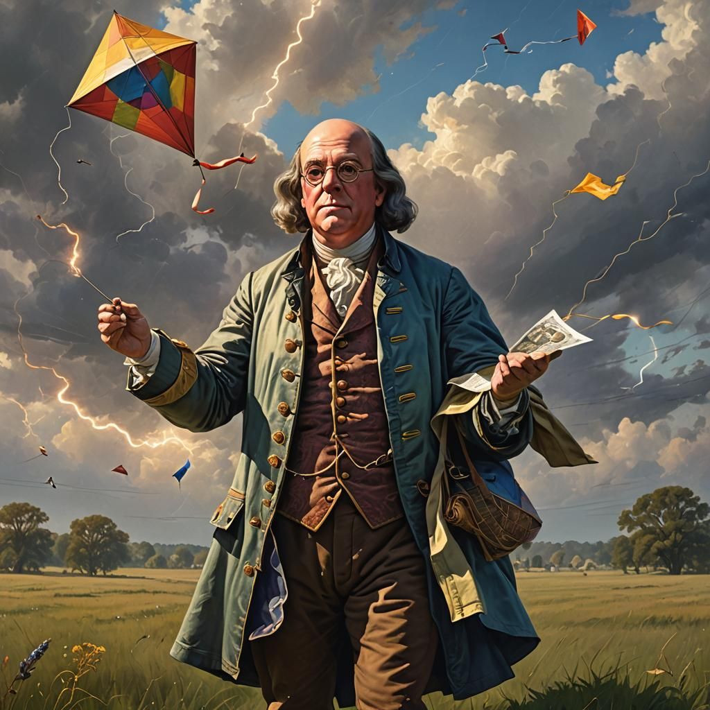 A hyperrealistic Benjamin Franklin, dressed in the 1700s period clothing and his bifocals, flying a kite to prove lightn...