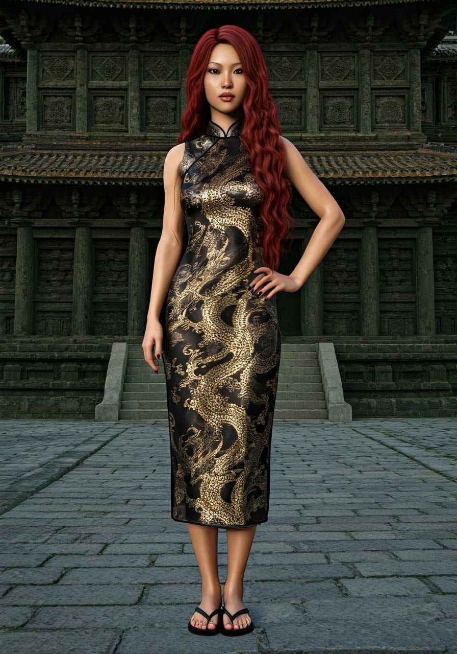 Ethereal Asian Goddess Poses Before Ancient Temple in Whimsi...