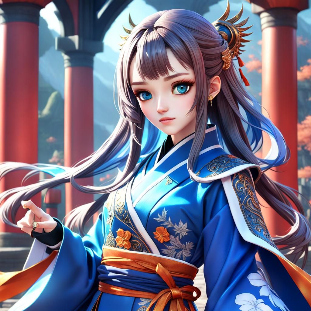 Anime Girl in Fantasy Robes: Photorealistic Render