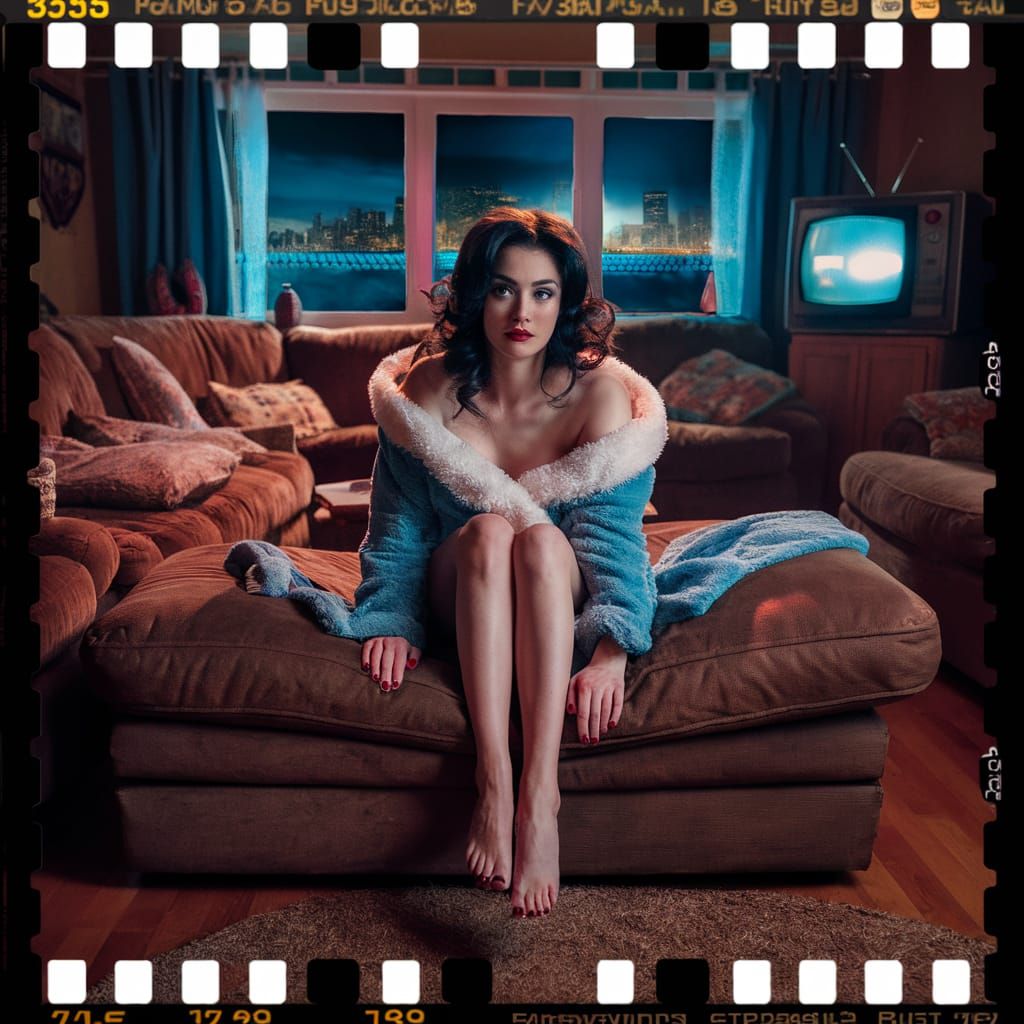 Cinematic Film Still: Woman in Blue Bathrobe