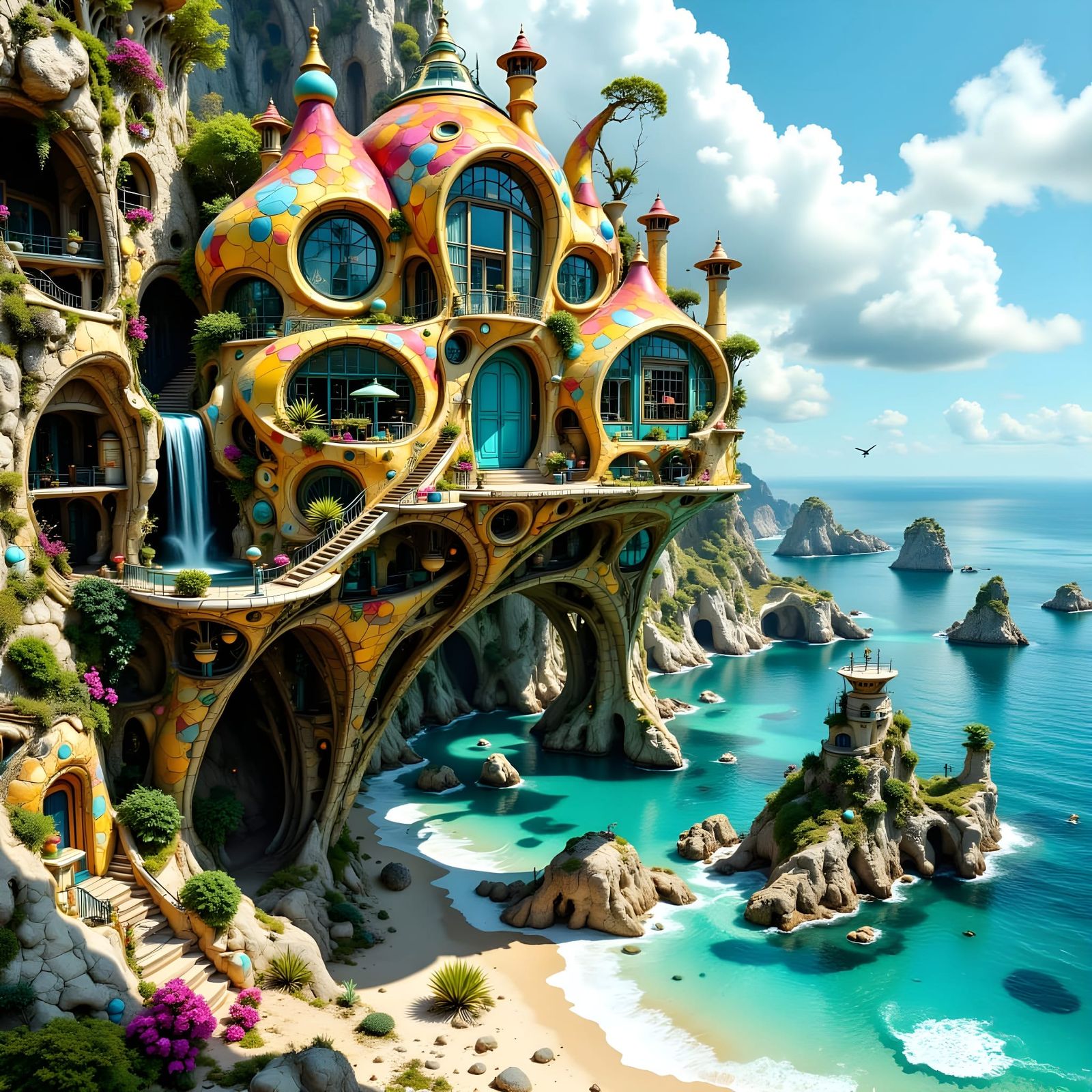 Whimsical Island House on Stilts, Surreal Oil Painting