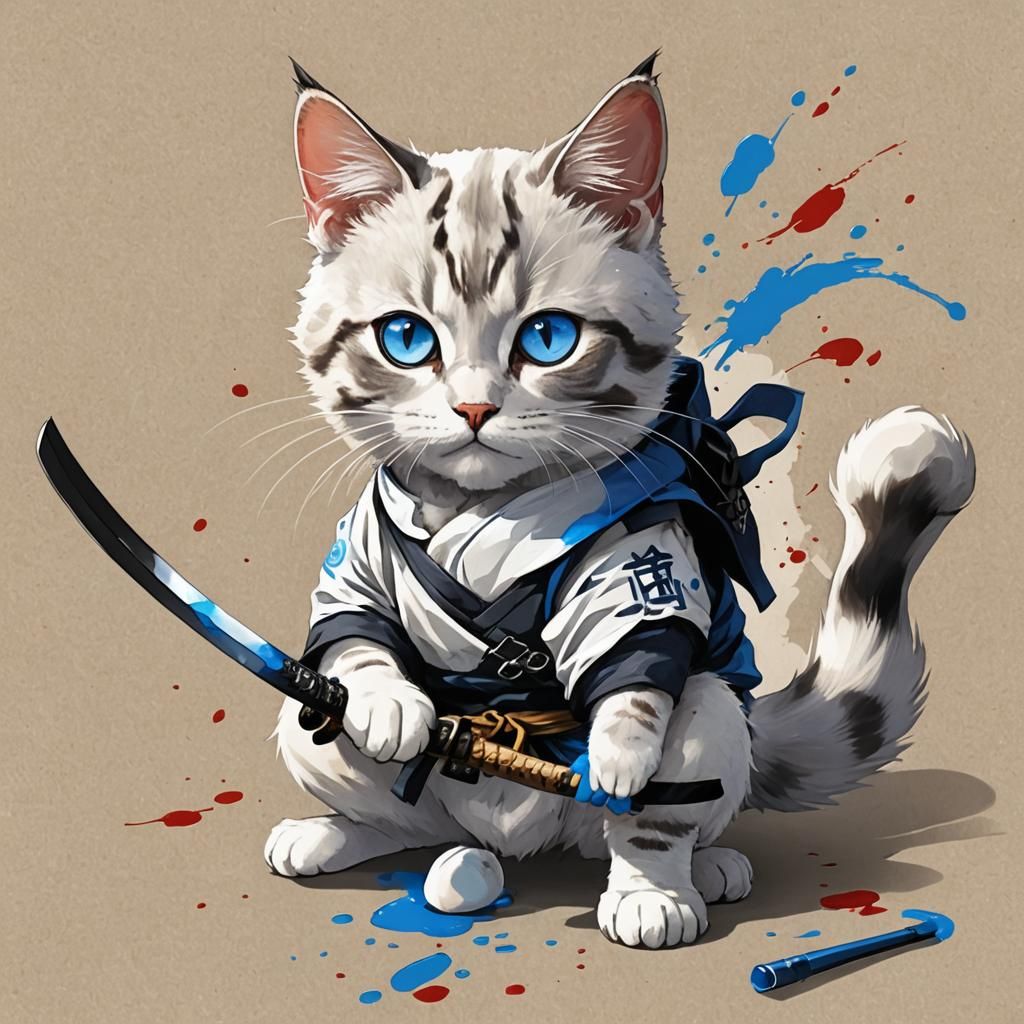 Blue-Eyed Cat Paints Ninja Cat in Anime Style