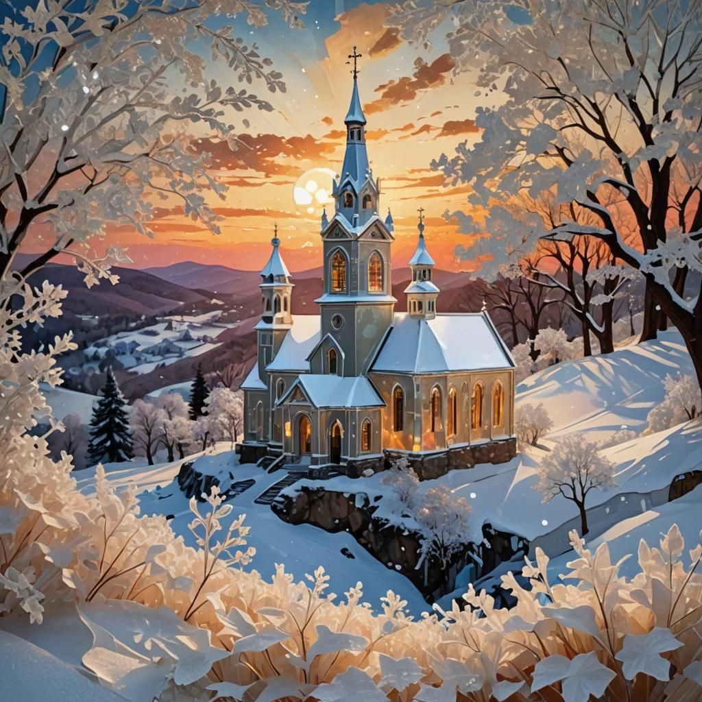 Icy Sunset Church: Intricate Collage Masterpiece