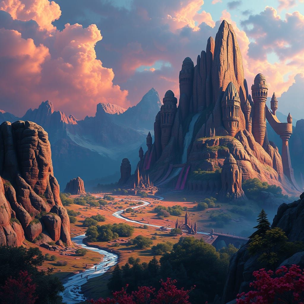 Epic Fantasy Landscape in High-Contrast, 8K Resolution