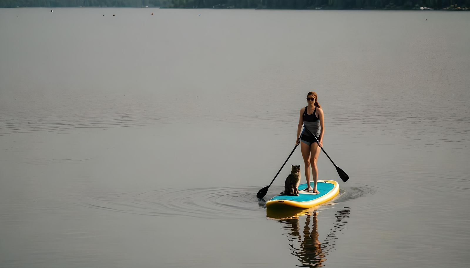 Woman and Cat Paddleboarding on Lake
