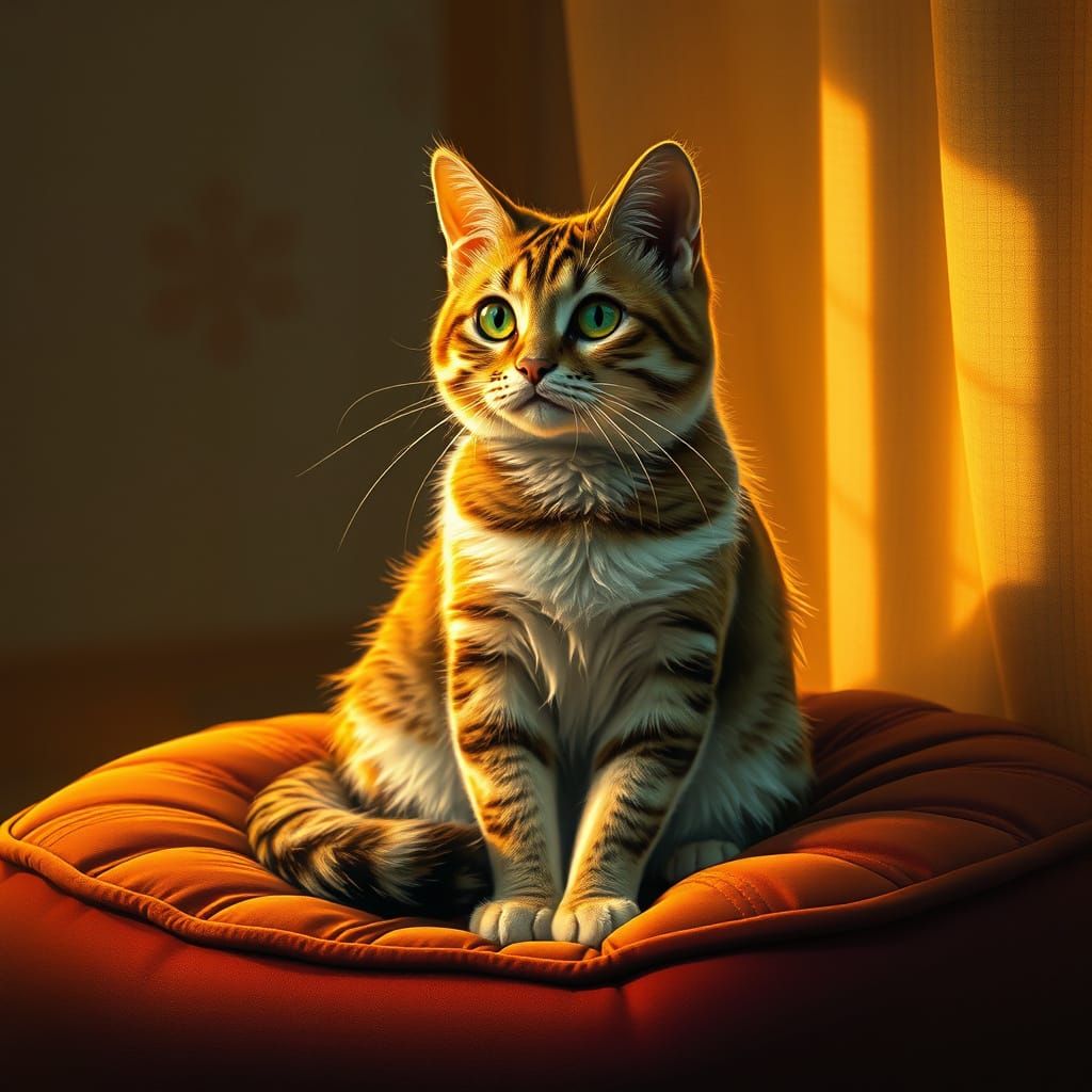 Cat on Velvet Cushion in Digital Art Style