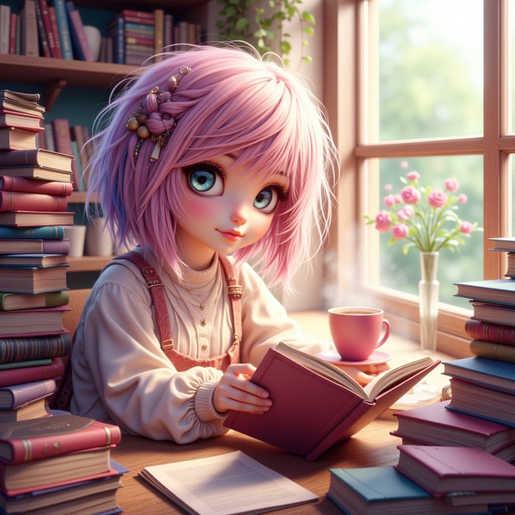Anime Girl Reading Books in Cafe with Hot Cocoa