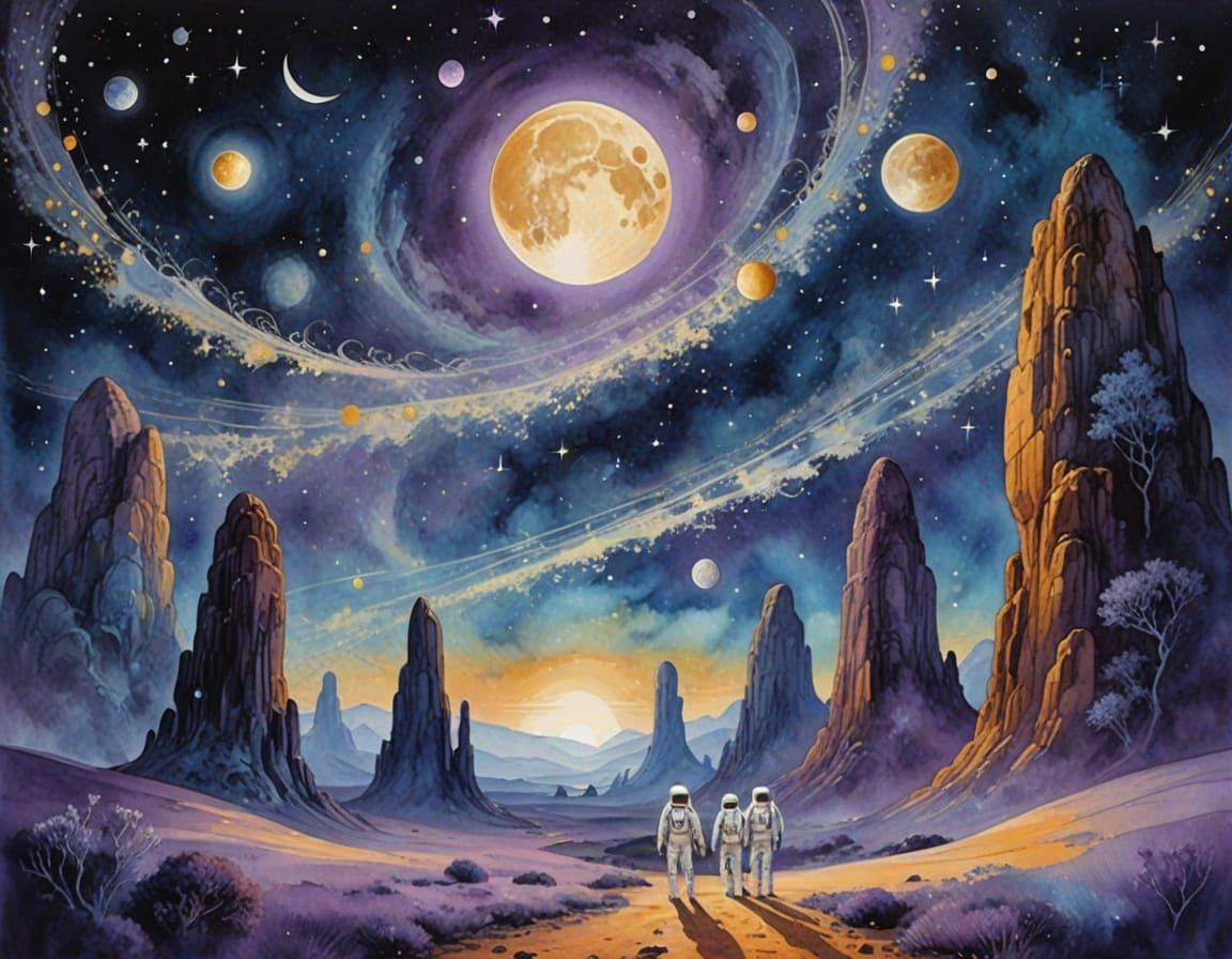 Sleek Astronauts Stand Before Celestial Monoliths in Dreamy ...