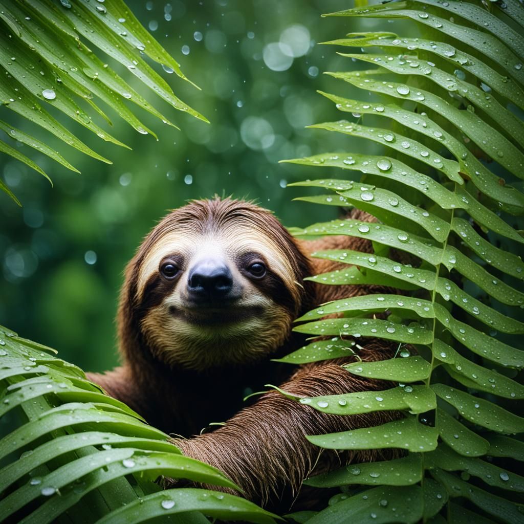 Sloth Under Fern Leaf in Amazon Rainforest
