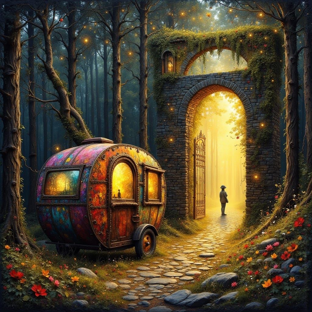 Enchanted Forest Gypsy Caravan in Oil Painting Style
