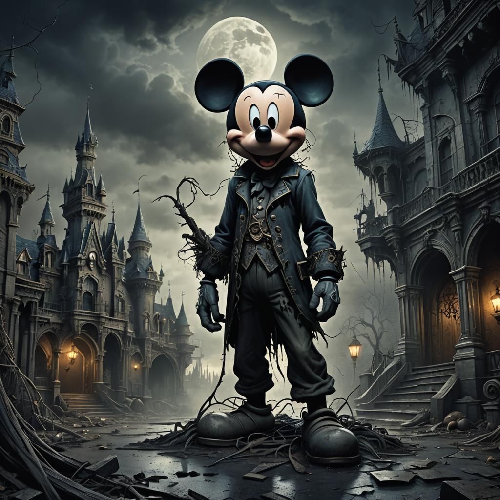 Sinister Mickey Mouse in Decaying Dark Fantasy Disneyland