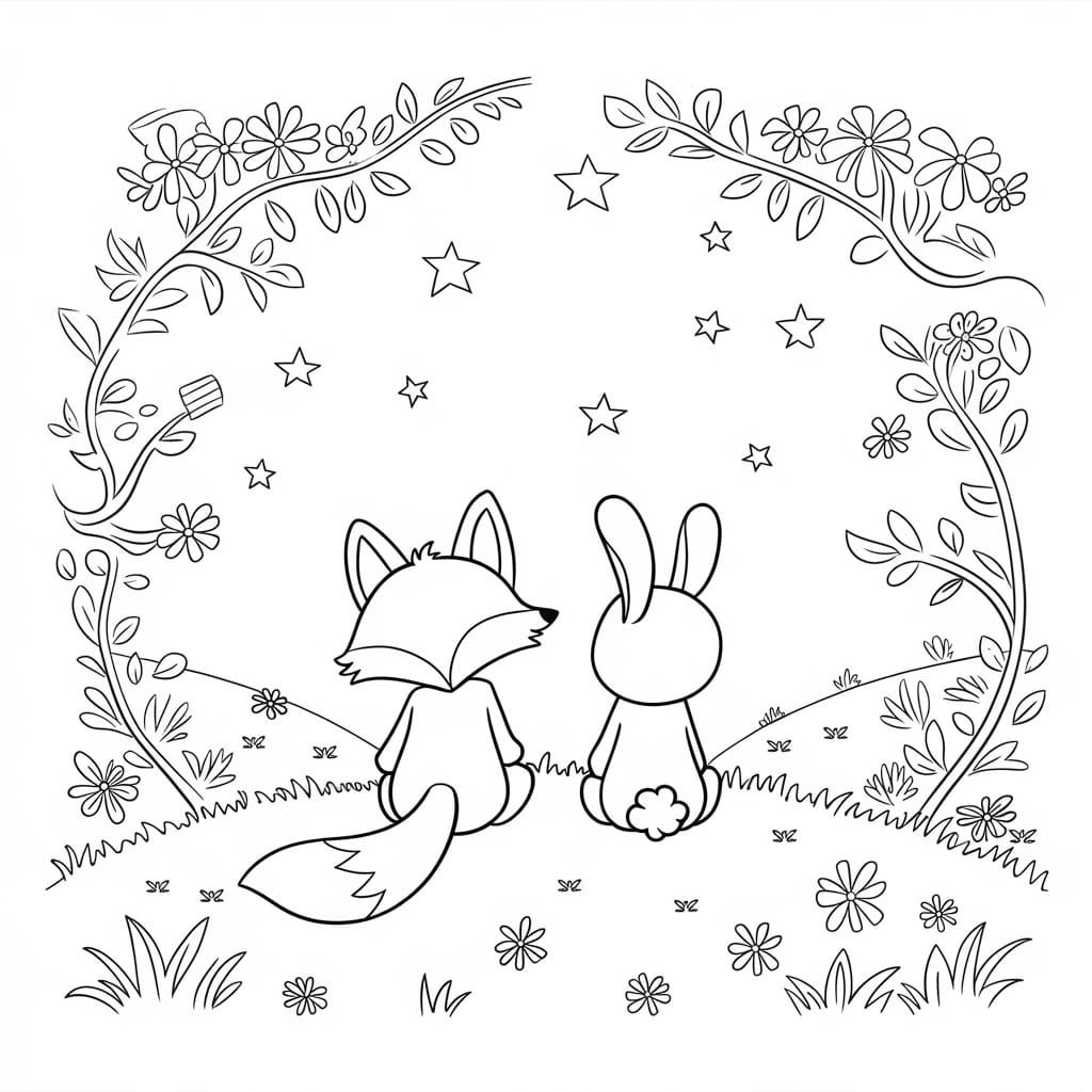 Peaceful Fox and Rabbit Night Scene in Black and White