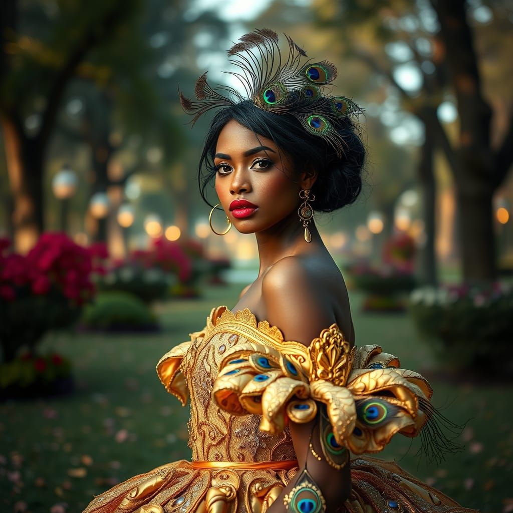Woman in Gold Peacock Gown, Fantasy Art