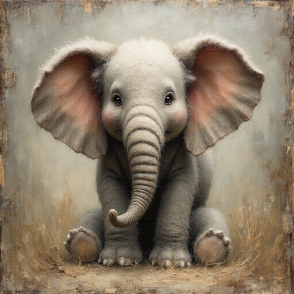 Adorable Felt Elephant in Impasto Oil Painting Style