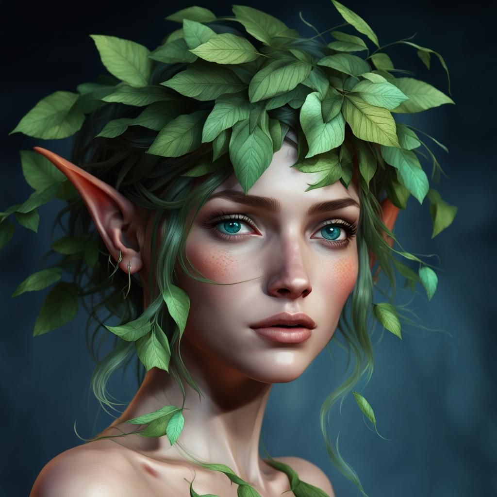 Photorealistic Elf with Leaf Hair, Hyperdetailed Art