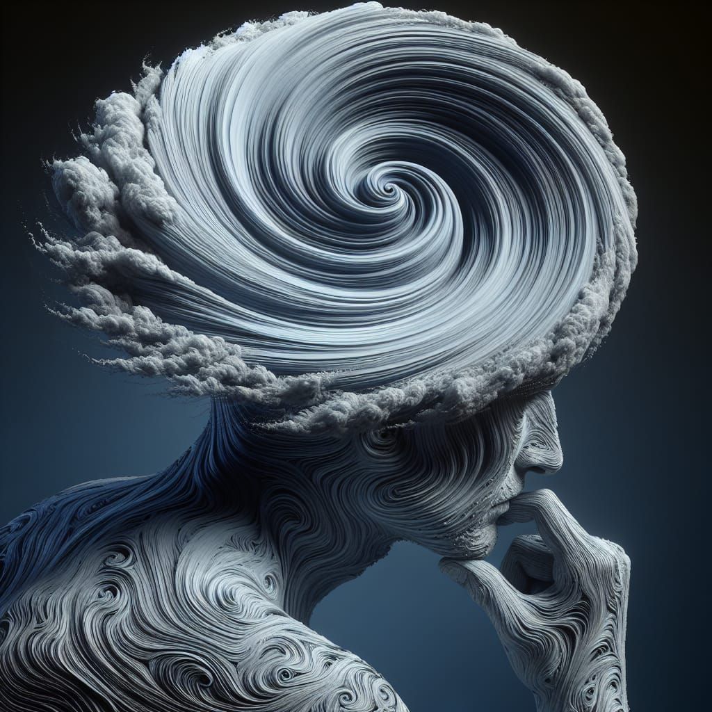 Contemplative Humanoid with Swirling Texture: 3D Sculpture