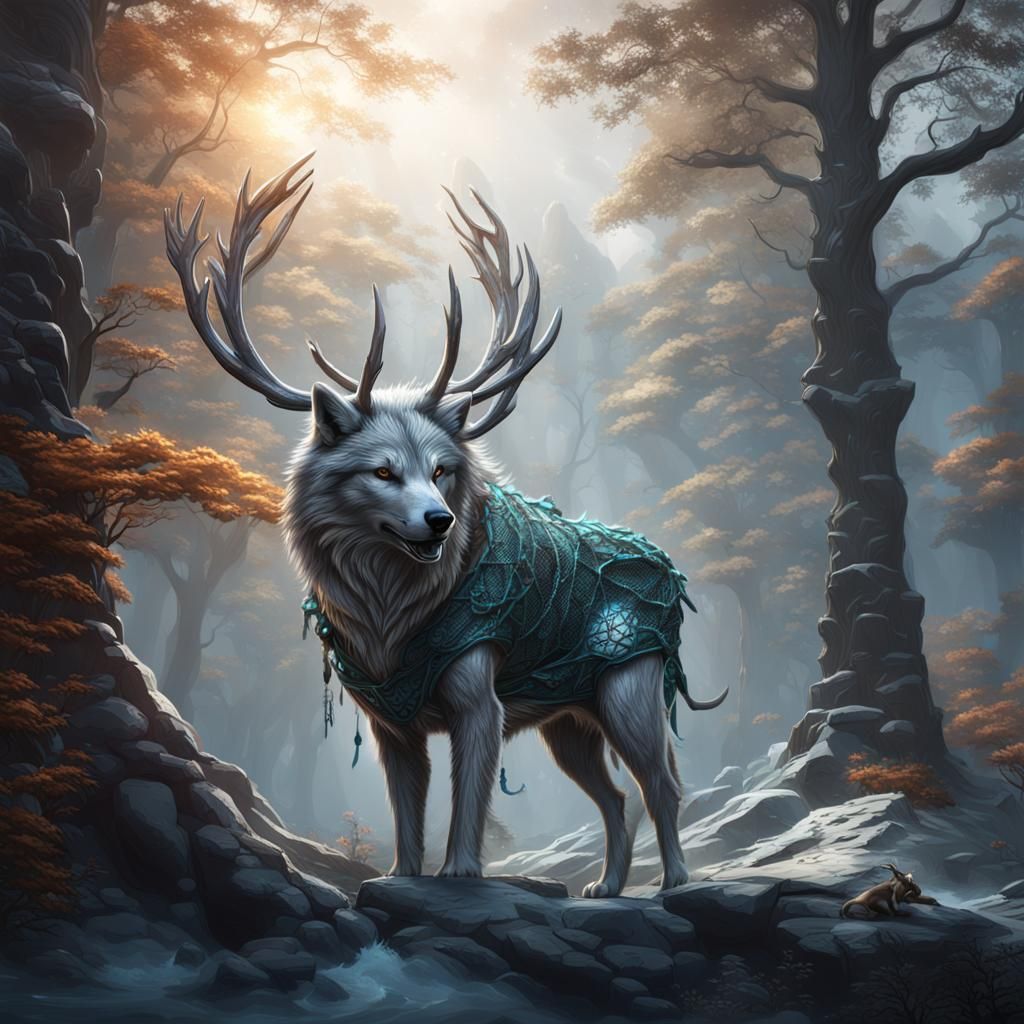 Majestic Silver Wolf and Deer: Fantasy Concept Art