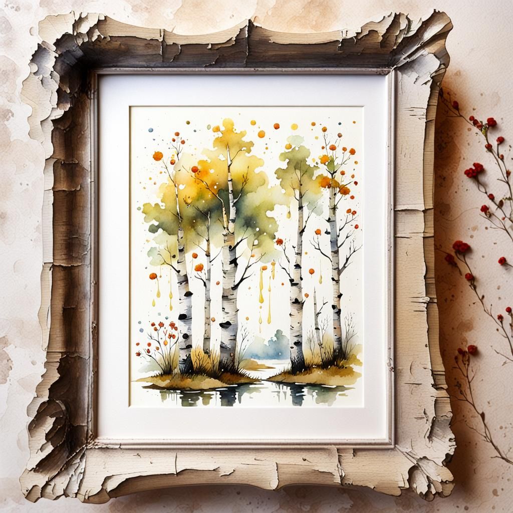Watercolor Birch with Flowers and Drips