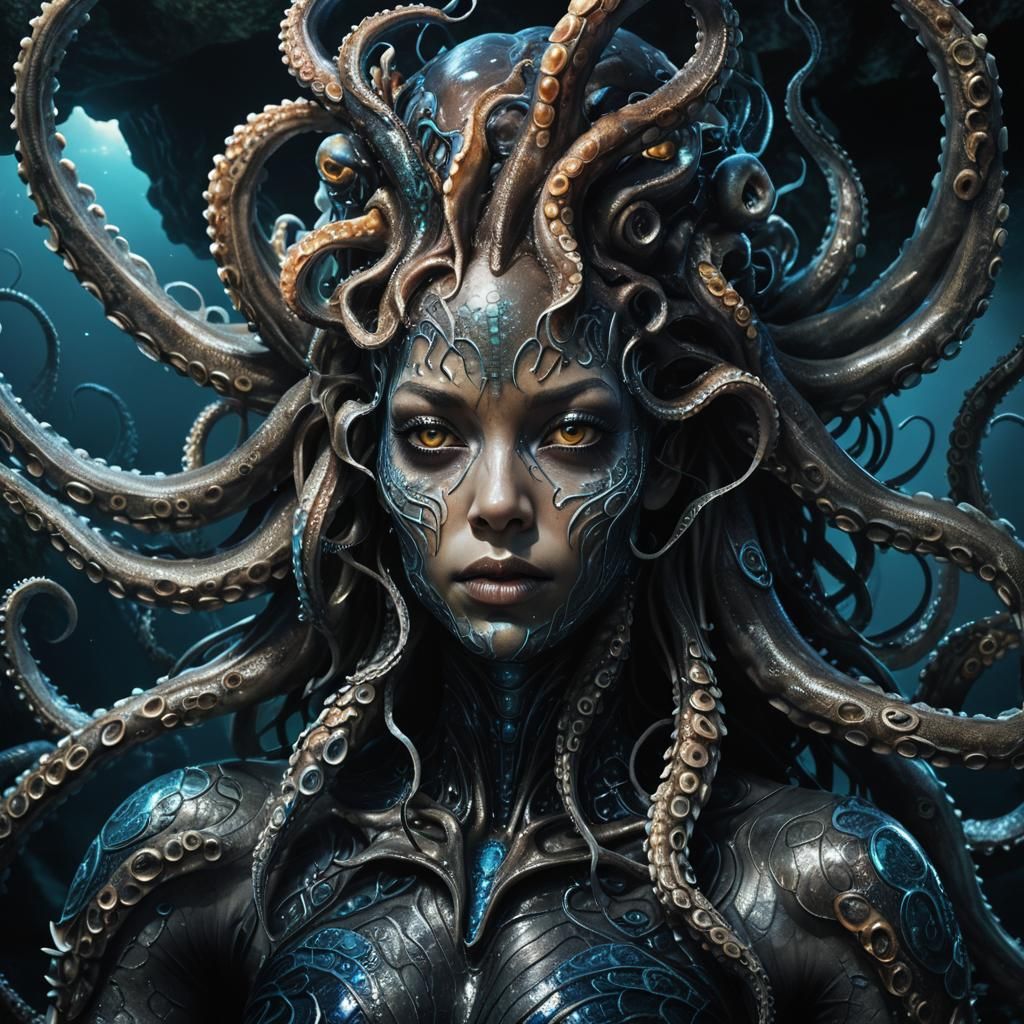 Octopus Mermaid in Biomechanical Dark Fantasy Style