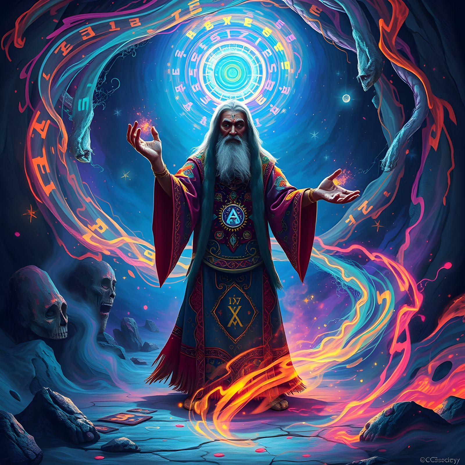 Surreal Shaman in Vibrant Graffiti Surrounds